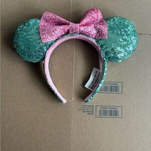 Disney Parks Pink Sugar Rush Bow Green Sequin Minnie Mouse Ears Glitter Headband